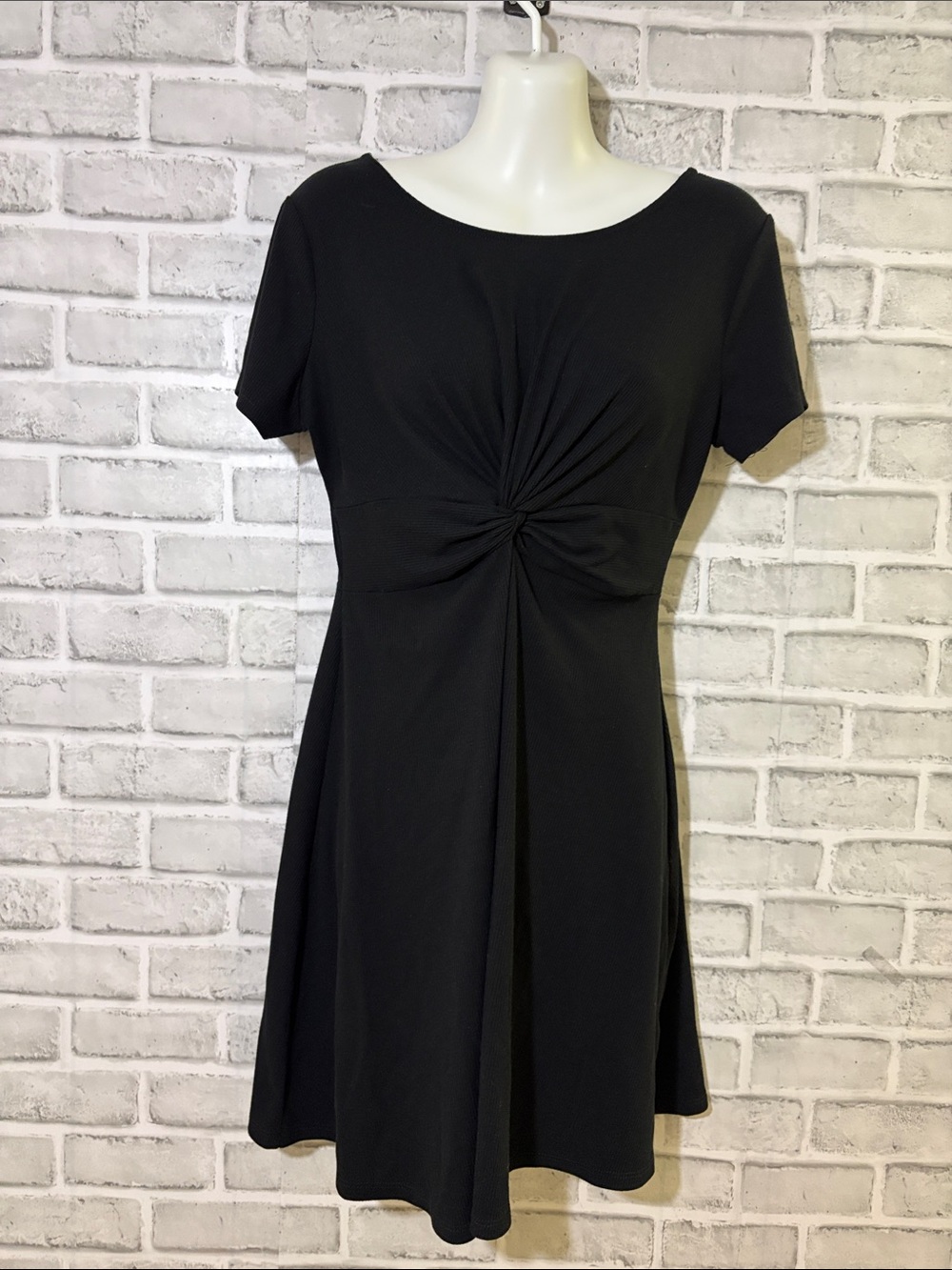 Pink Rose Black Knot-Front Mini Dress, little black dress, ribbed, medium